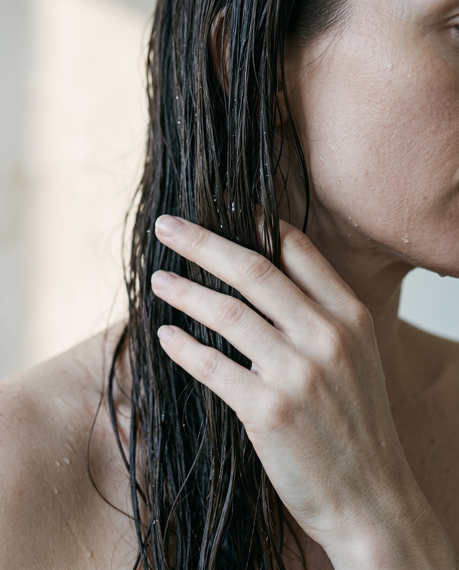 A hand running through long wet hair, water droplets on the strands.