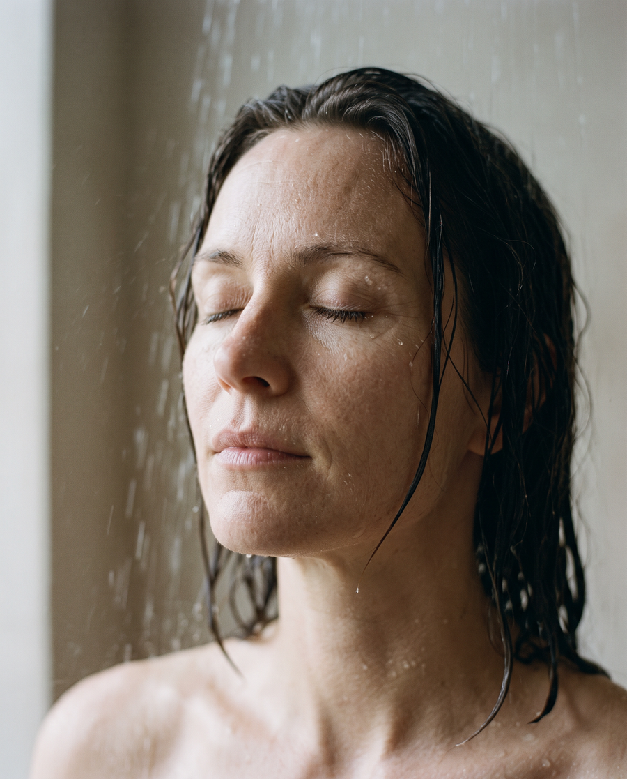A woman under a shower with her eyes closed, water on her skin and hair.