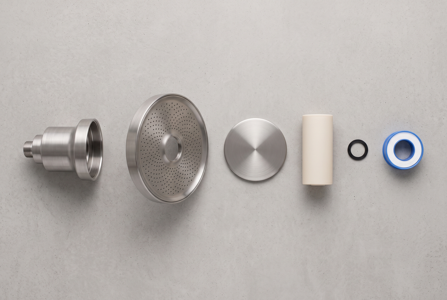The VANNR ONE showerhead laid out in parts on a work surface.