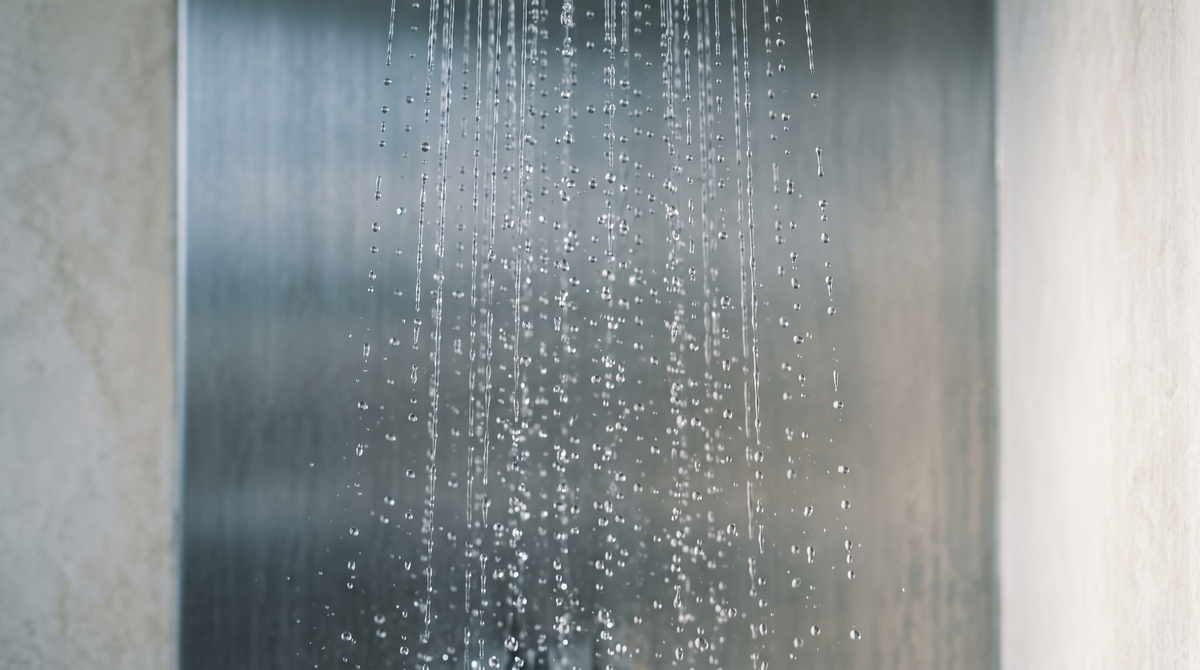 Falling shower water photographed in cool natural daylight.