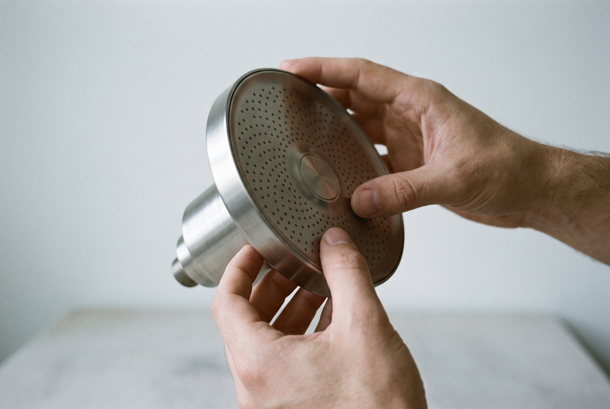 Two hands holding the VANNR ONE showerhead up to window light, examining the spray face.