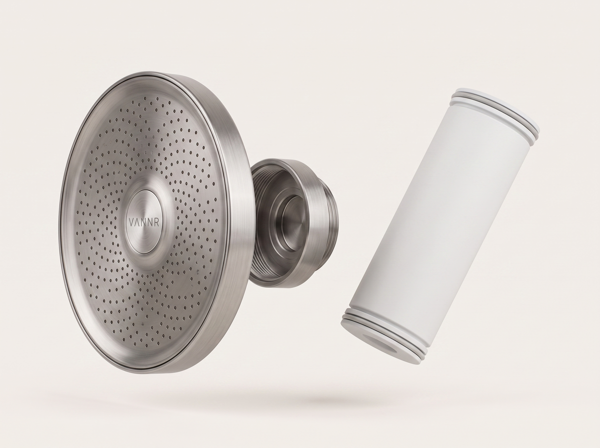 Cartridge concept: the VANNR ONE showerhead shown separated from a plain replaceable cartridge core.
