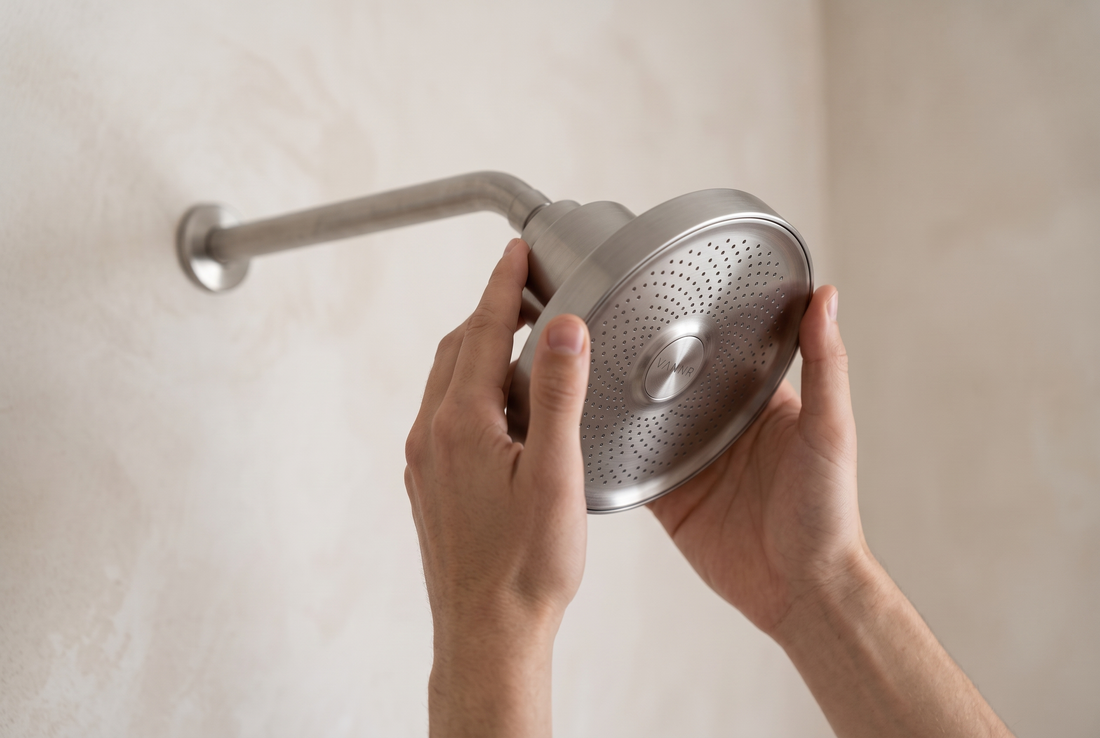 Installation concept: two hands hand-tightening the showerhead onto a shower arm.