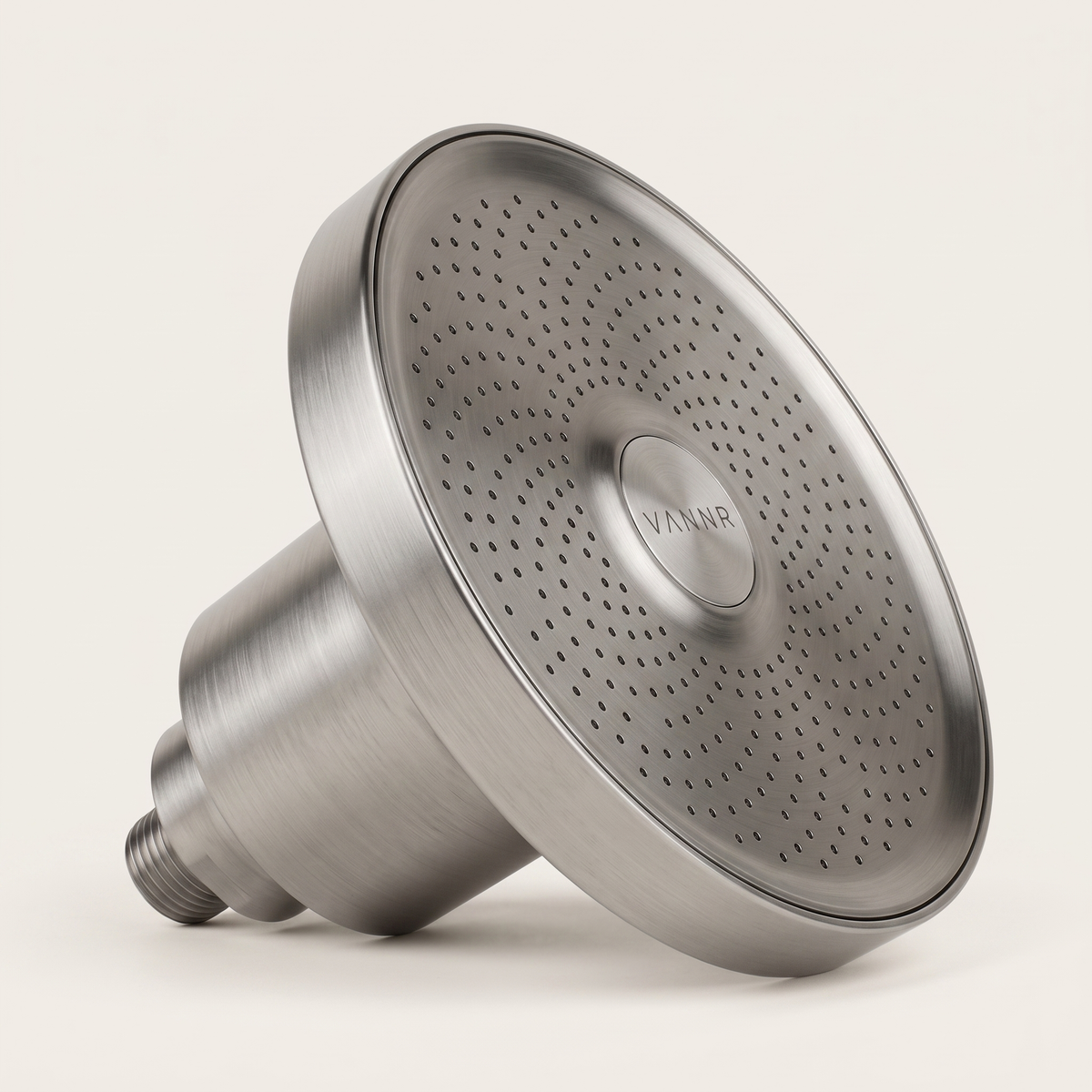 Concept visual of the VANNR ONE filtered showerhead in brushed steel.