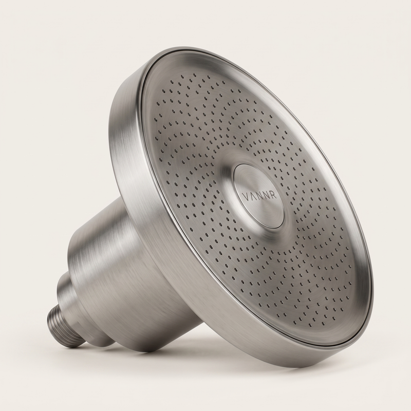 VANNR ONE filtered showerhead in brushed steel.
