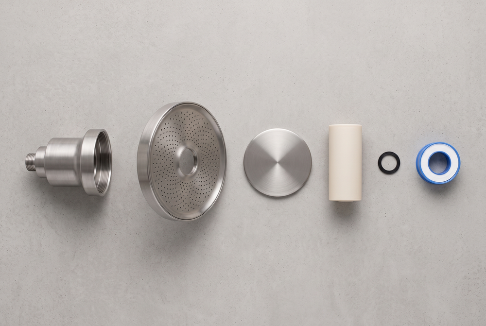 The VANNR ONE showerhead laid out in parts on a work surface.